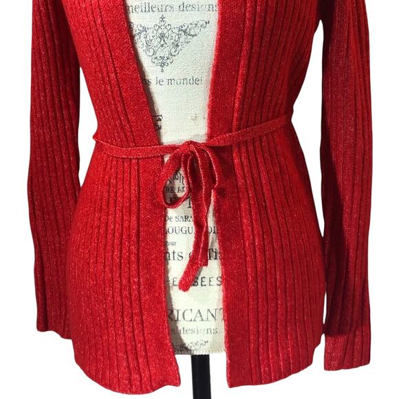 ASOS Design Cardigan Sweater Womens 8 Red Shimmer Open Front Belted Ribbed Knit - Picture 3 of 8